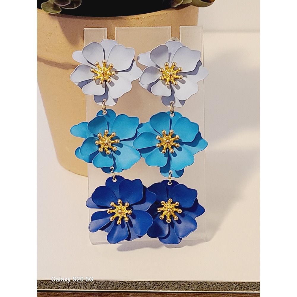 Blue Ombre Floral Drop Earrings Triple Tiered Flower Statement Dangles Gold Tone